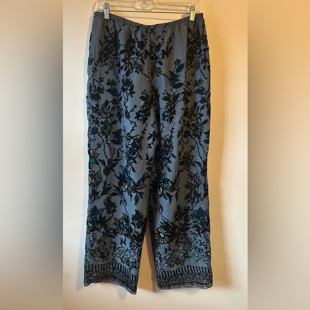 David Warren Floral Burnout Velvet High Waisted Pull On Pants Boho